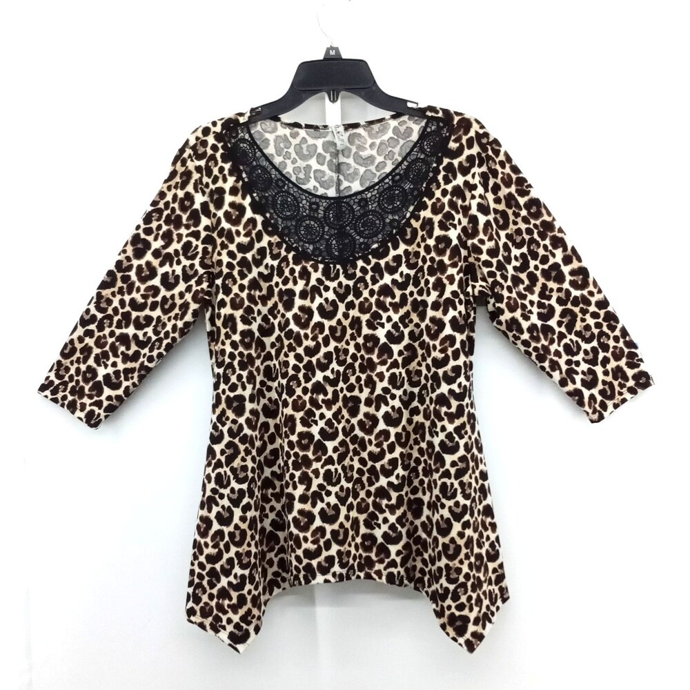 Divine Doll Blouse Women Size XL Brown Animal Print Crochet Round Neck Tunic Top